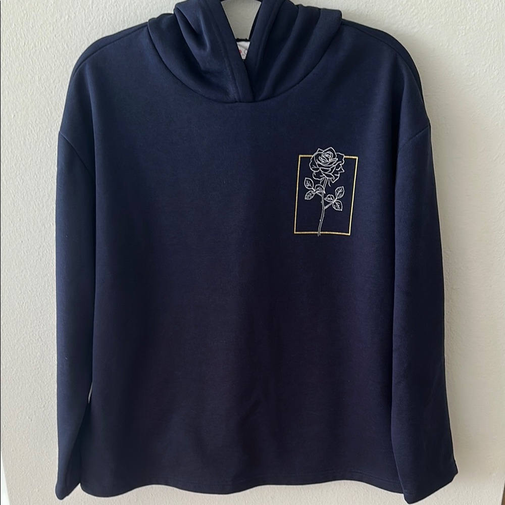 Navy Hoodie with Rose Embroidery